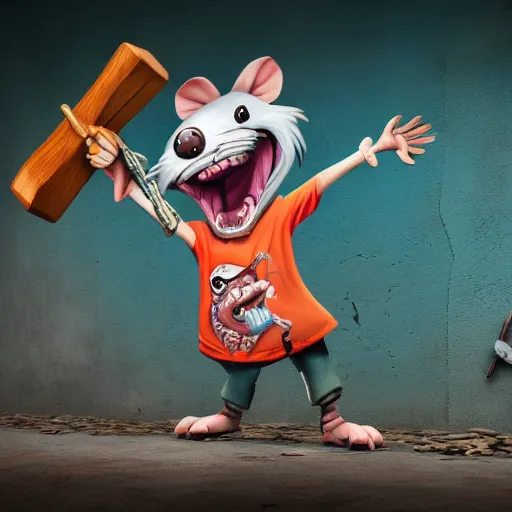 Image similar to graffiti art of a rat showing his teeth and holding a hammer in one hand and a sickle in the other hand. Highly detailed, octane Render, 4K