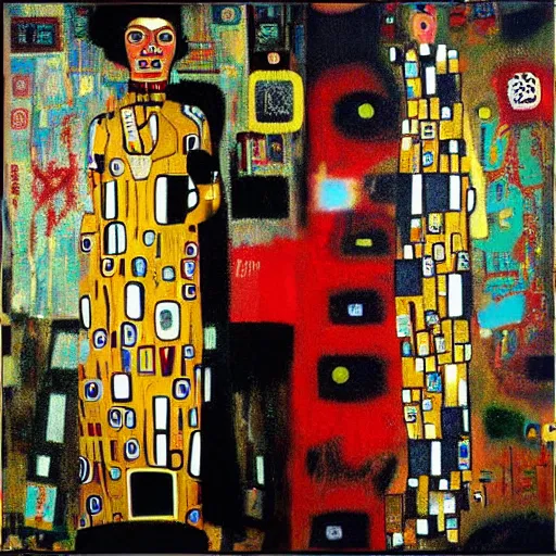 Image similar to artificial intelligence oil painting by klimt and graffiti by Jean-Michel Basquiat