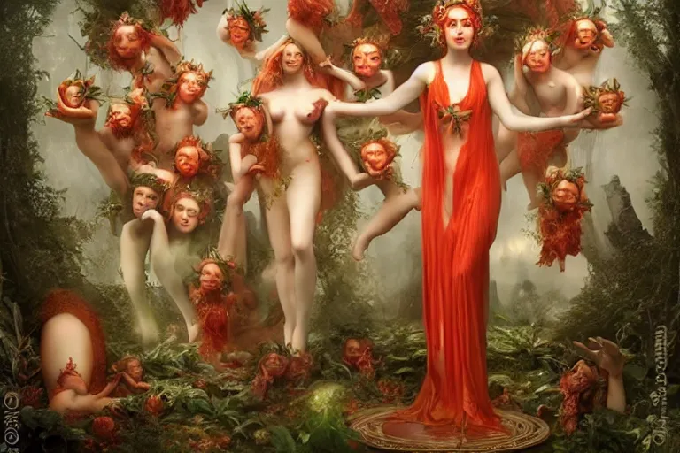 Prompt: the goddess of canned tomato paste surrounded by a court of nymphs, by tom bagshaw peter kemp, beautiful highly symmetric faces