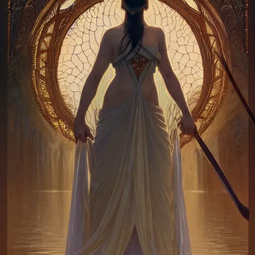 Image similar to portrait of the lady of the lake rising from the water holding excalibur, intricate, elegant, highly detailed, digital painting, artstation, concept art, smooth, sharp focus, illustration, art by artgerm and greg rutkowski and alphonse mucha and william - adolphe bouguereau