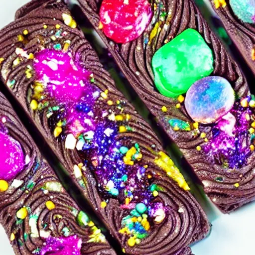 Image similar to cosmic brownie. cookbook photo. bismuth frosting, precious gemstones