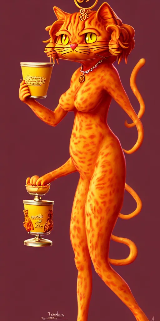 Image similar to fullbody!! personification of garfield the cat garfield goddess holding a blood chalice and lasagna, detailed, stunning, garfield cat face, hyperrealistic, trending on artstation, smooth and sharp, intricate, highly detailed, elegant, professional character concept art by tatyana kupriyanova