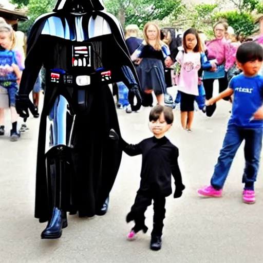 Image similar to darth vader walking kids to the kindergarten