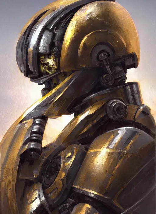 Prompt: dynamic attack position abstract portrait of a intricate glorious holy mechanical warforged character in yellow armor holding a paladin engraved great longsword drawn and carrying a big paladin shield, glowing!!!! eye!!!!!, face in focus, pit droid, epic , trending on ArtStation, masterpiece, cinematic lighting, by Ross Tran and by Greg Rutkowski