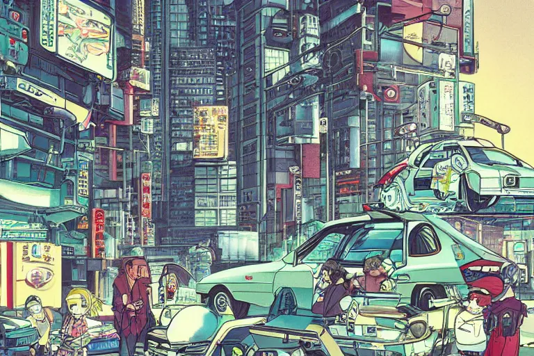 Prompt: 1990 Geo Metro, city in anime cyberpunk style by Hayao Miyazaki