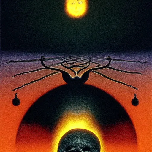 Prompt: symmetrical tarot card, the pikachu skull elder god, Zdzisław Beksiński art, figure silhouetted by burning sun, detailed, intricate, elegant, cgsociety, haunting, luxurious, ominous, matte painting, cinematic, Yoshitaka Amano, horizontally symmetrical, Wayne Barlowe