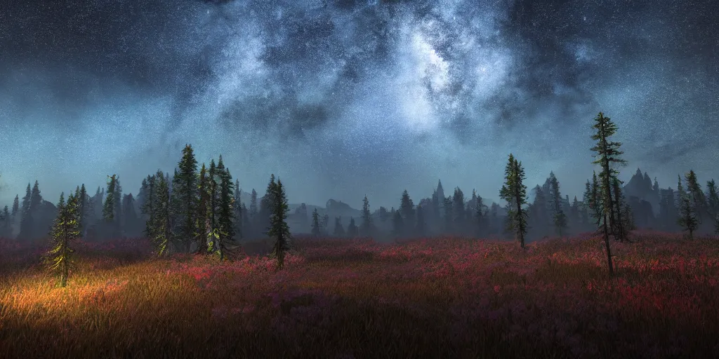 Prompt: epic landscape, forest, clear starry night, 8 k uhd, unreal engine, octane render in the artstyle of kuindzhi