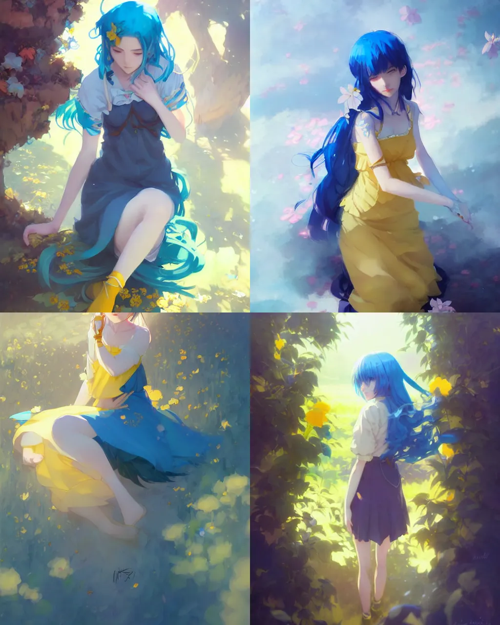 Prompt: girl with blue hair and yellow skirt, flower decoration on the background, a beautiful half body illustration, top lighting, perfect shadow, soft painting, art by hidari and krenz cushart and wenjun lin