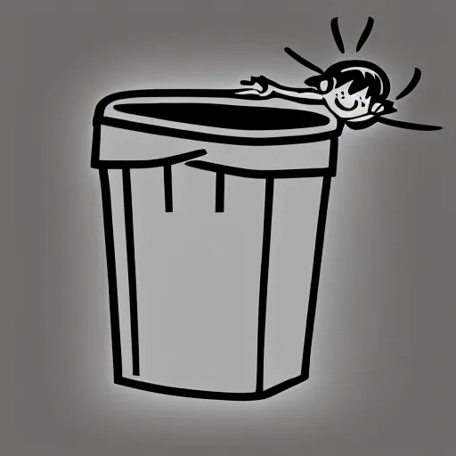 Image similar to baby getting tossed in a trash can, 2d, black on white