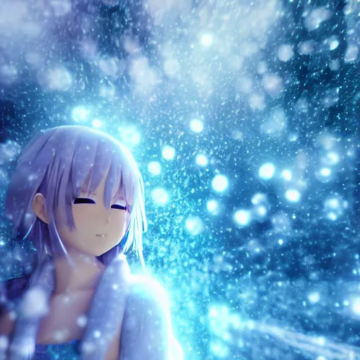 Image similar to photorealistic full shot of masterpiece anime girl, electric aura with particles, snowing frozen ice, inspired by masami kurumada, akira toriyama, detailed, bokeh, unreal engine 4 k, volumetric light, fog