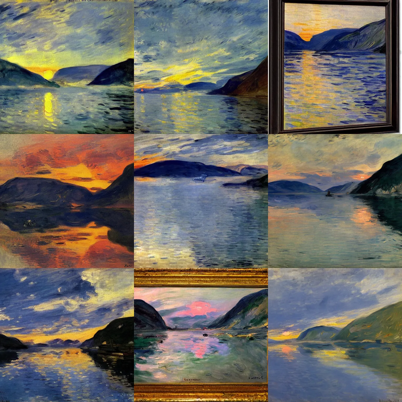 Prompt: impressionist painting of the sunset reflected in the water in a Norwegian fjord by Edouard Manet