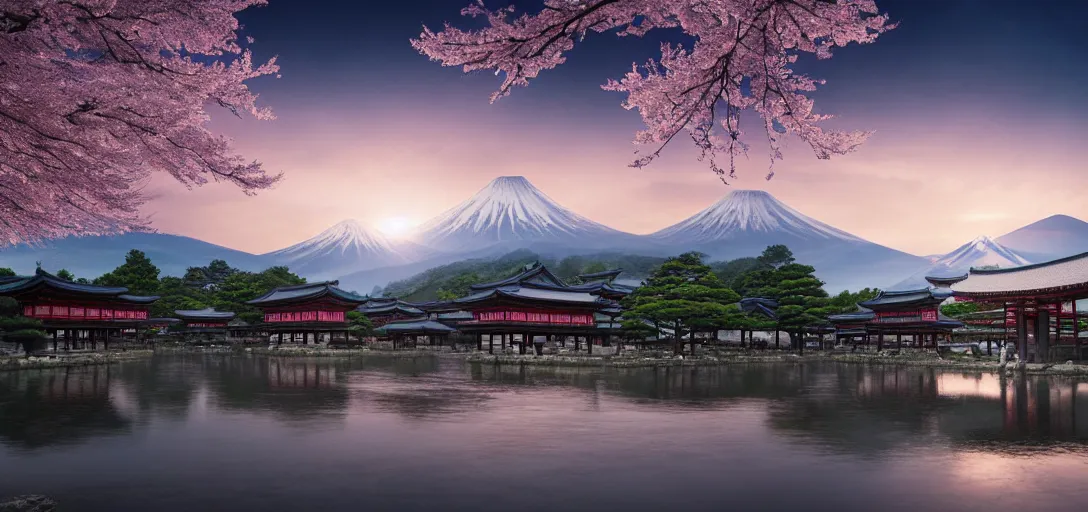 Image similar to very beautiful view of an ancient japanese city at dusk, large temples, cherry blossom trees, mountains in the background, calm clouds, cinematic lighting, ultra detailed, sharp, ambient occlusion, raytracing, by greg rutowski, paul chadeisson and jessica rossier