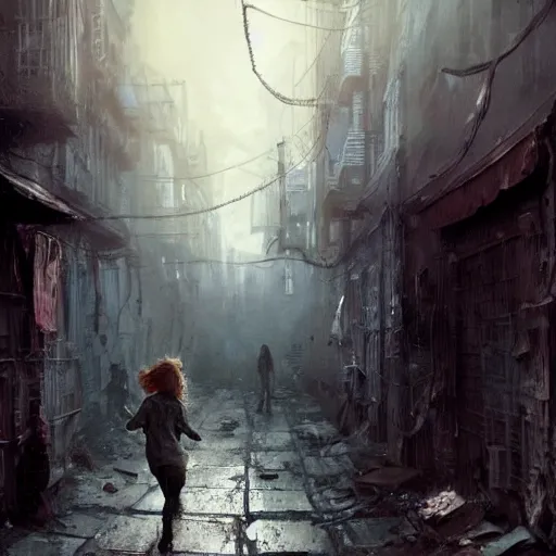 Prompt: sadie sink quickly runs by us ( in oversized hoodie ) | a massive scary robot runs to us | background : alleyway near decaying tenements. concept art for scifi dystopian film. by nikolay makovsky, bob byerley, wadim kashin, andrea kowch. cinematic moody atmosphere, detailed and intricate, perfect anatomy