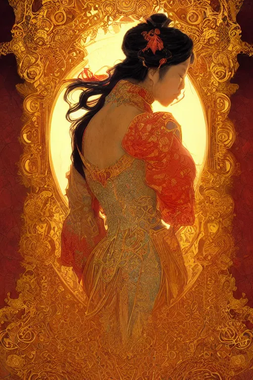 Image similar to tarot card artstation, portrait of an asian love dancer, sunrise, baroque ornamnet and rococo ornament, ancient chinese ornate, hyperdetailed, beautiful lighting, craig mullins, mucha, klimt, yoshitaka amano, red and gold and orange color palatte