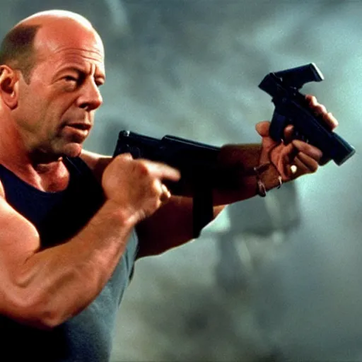 Prompt: Bruce Willis as John McClane, fighting dinosaurs