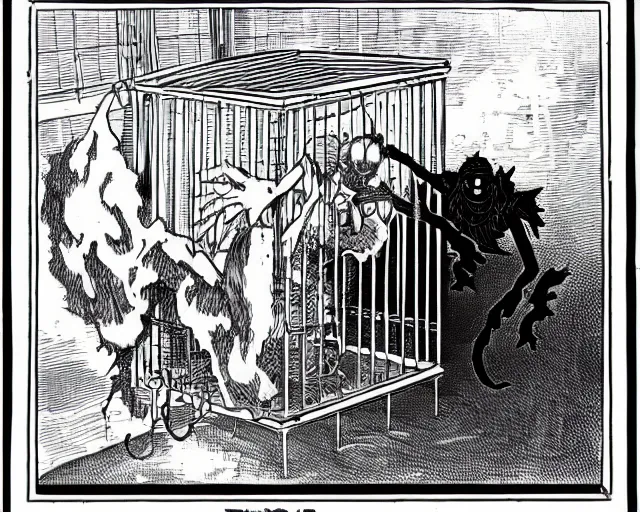 Image similar to a horrible shadow monster looming over a man trapped in a cage,