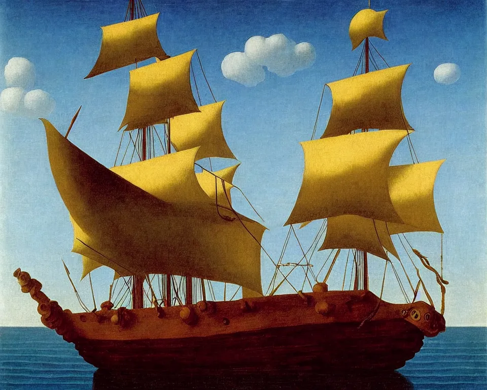 Prompt: a pirate ship in a bottle by raphael, hopper, and rene magritte. detailed, romantic, enchanting