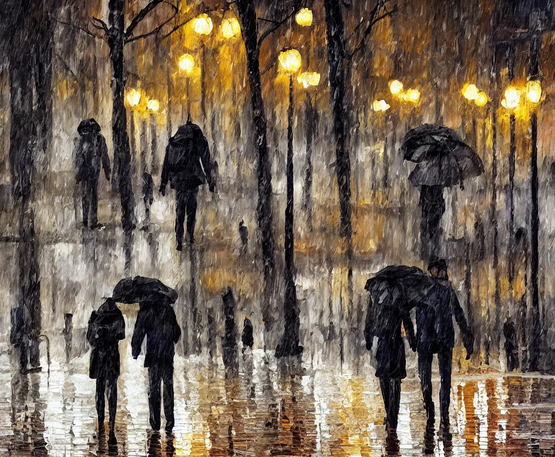 Prompt: a couple walking in the park, oil painting, night time, new york city, rain, wet walkway, park bench, street lights, soft tones