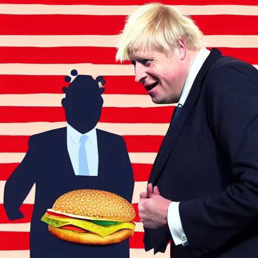 Prompt: boris johnson working at burger king serving liz truss a burger digital art