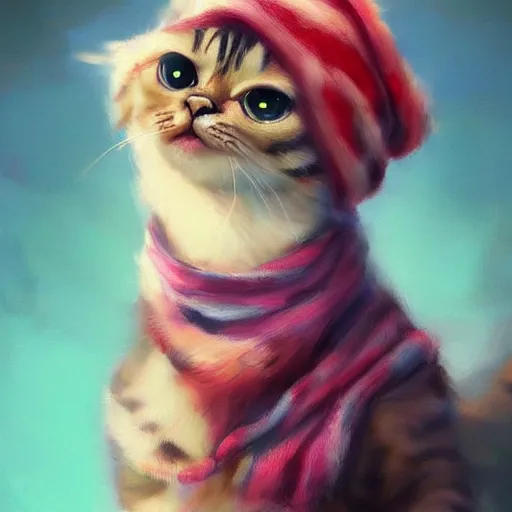 Image similar to head and shoulders masterpiece portrait of a cute adorable cat wearing a scarf, surreal background, digital art by Krenz Cushart, trending on artstation, cgsociety,