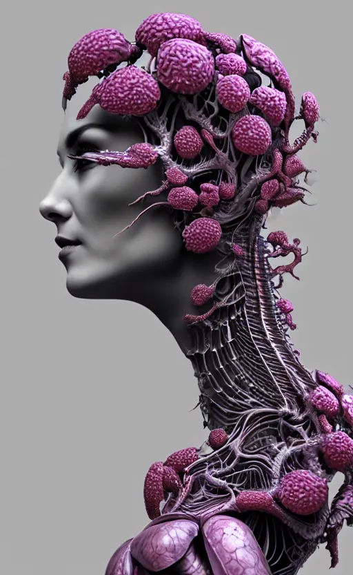 Prompt: 3D render of a beautiful profile face portrait of a female dragon-cyborg, 150 mm, flowers, Mandelbrot fractal, anatomical, flesh, facial muscles, wires, microchip, veins, arteries, full frame, microscopic, elegant, highly detailed, flesh ornate, elegant, high fashion, rim light, octane render in the style of H.R. Giger and David LaChapelle