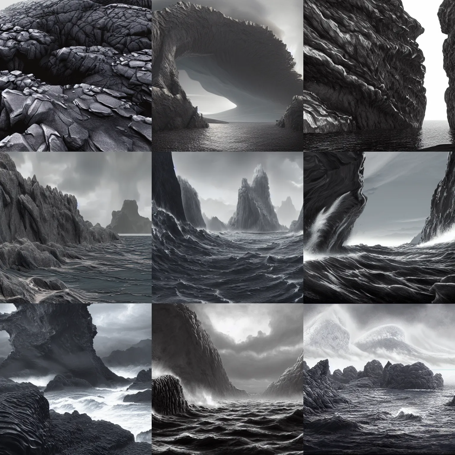 Prompt: a masterpiece matte painting of tumultuous sharp!!! and glassy!! and choppy!! hardened lava rock, igneous rock materials, as far as the eye can see, trending on artstation, greyscale, hard, solid, vray rendering, enormous scale, 8k