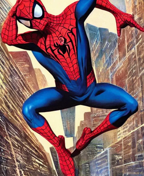 Prompt: an epic, full body shot of spider - man, art by alex ross