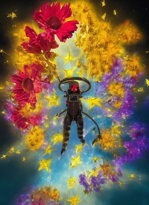 Prompt: An epic fantastic realism comic book style painting of the most beautiful flowers launched into space, bouquets, nearby star, fisheye lens, unreal 5, DAZ, hyperrealistic, octane render, dynamic lighting