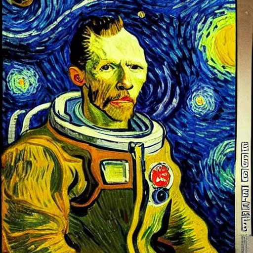 Image similar to portrait of astronaut, starry night in background, by van gogh