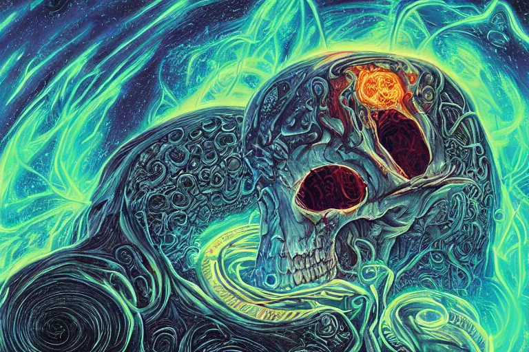 Image similar to a giant skull and flesh creature with deep and intricate rune carvings and glowing eyes and twisting lovecraftian tentacles emerging from a space nebula by dan mumford, twirling smoke trail, a twisting vortex of dying galaxies, digital art, photorealistic, vivid colors, highly detailed, intricate