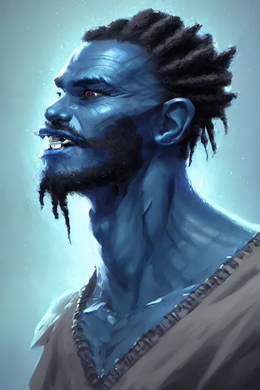 Image similar to portrait of a blue skin genasi with a square jaw from d & d by greg rutkowski, blue skin, black dreadlocks and small beard, tempest priest, runic rings, d & d character, blue, black background, highly detailed portrait, digital painting, artstation, concept art, smooth, sharp foccus ilustration, artstation hq