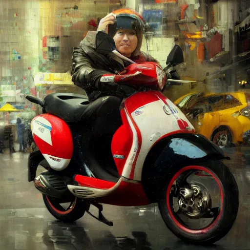 Prompt: portrait of the chilean redhead vespa fan in hong kong, oil on canvas by ruan jia and yoshitaka amano