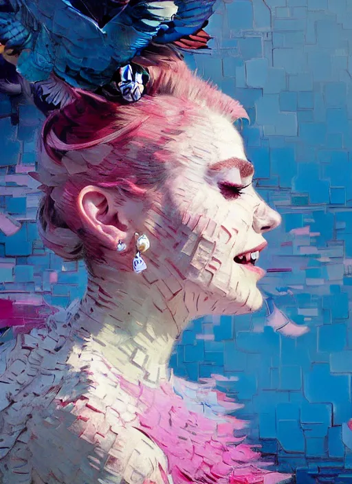 Prompt: portrait of a beautiful bird, smiling, ecstatic, dancing, eyes closed, open mouth, shades of pink and blue, beautiful face, rule of thirds, intricate outfit, spotlight, by greg rutkowski, by jeremy mann, by francoise nielly, by van gogh, digital painting