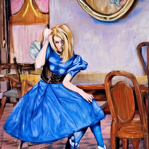 Prompt: alice in the wonderland, chairs, wood floor, blue dress, blonde by cheval michael