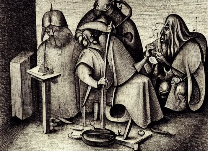 Prompt: judge wearing a bench wig is making a haircut to another judge with a bench wig, by hieronymus bosch