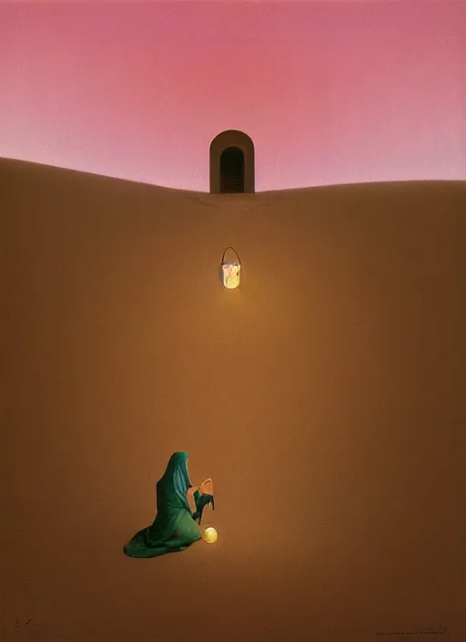 Image similar to A doorway into dunes shows a weeping nun in a flying lantern held aloft by the burning of Aaron\'s Rod Edward Hopper and James Gilleard, Zdzislaw Beksinski, Mark Ryden highly detailed