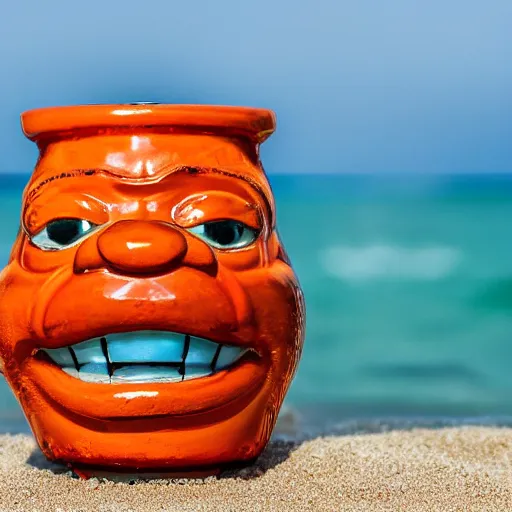 Image similar to a closeup photorealistic photograph of a glossy orange cat garfield style tiki mug sitting at a trader vic's beach bar featuring garfield's face. tiki theme. bright scene. fine detail. this 4 k hd image is trending on artstation, featured on behance, well - rendered, extra crisp, features intricate detail, epic composition and the style of unreal engine.