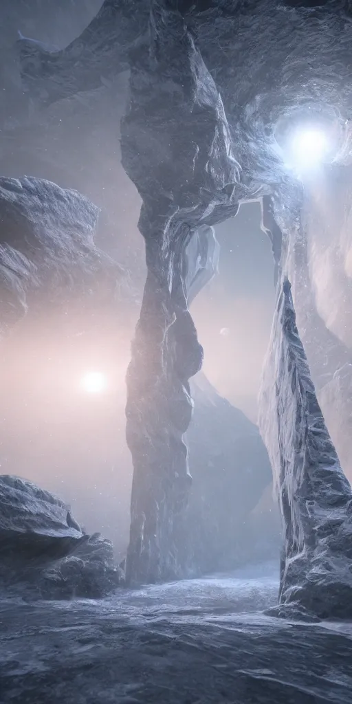 Image similar to interdimensional galaxy portal covered in frost, hugh ferriss, ice gate, volumetric light, volumetric fog, unreal engine, photorealistic, 8 k