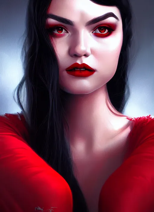 Image similar to portrait of vampire veronica lodge with bangs, vampire fangs, vampire, long hair, red clothes, bangs, vampironica, intricate, elegant, glowing lights, highly detailed, digital painting, artstation, concept art, smooth, sharp focus, illustration, art by wlop, mars ravelo and greg rutkowski