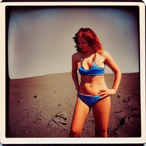 Image similar to vintage polaroid of a woman in a bikini on the surface of the moon landing, detailed clouds, warm azure tones, red color bleed, film grain