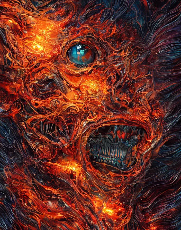 Image similar to horrific monster portrait. burning water distortions. intricate abstract. intricate artwork. by Tooth Wu, wlop, beeple, dan mumford. octane render, trending on artstation, greg rutkowski very coherent symmetrical artwork. cinematic, hyper realism, high detail, octane render, 8k, depth of field, bokeh. iridescent accents