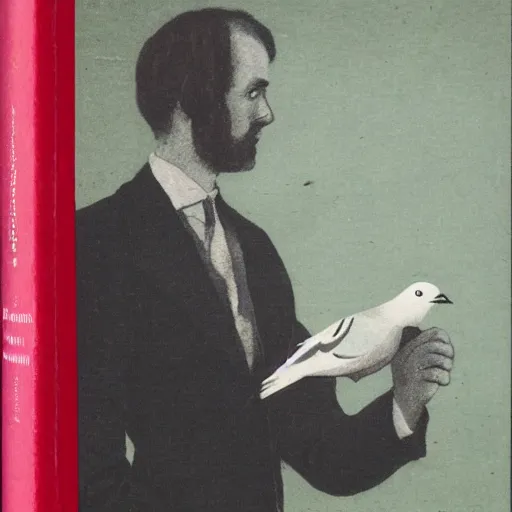 Image similar to a pigeon in a suit standing in profile, author portrait, back cover of book, synopsis