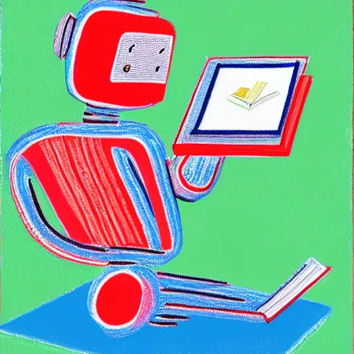 Image similar to a robot reading a book by david hockney