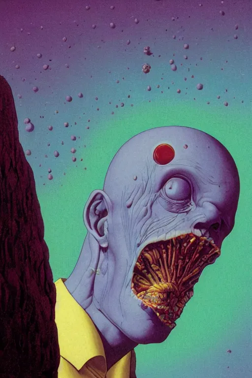 Prompt: a closeup portrait of a young alien man licking a blotter paper of LSD acid on his tongue and dreaming psychedelic hallucinations in cosmos, by kawase hasui, moebius, Edward Hopper and James Gilleard, Zdzislaw Beksinski, Steven Outram colorful flat surreal design, hd, 8k, artstation