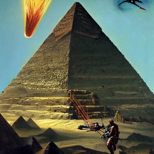 Prompt: joe rogan, king of the pharaohs, fends off aliens atop the pyramid of giza as a war of the world style invasion is happening. masterpiece illustration by albert bierstadt and billy butcher. h 6 4 0