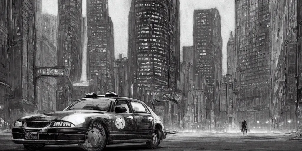 Image similar to cartoonish taxi through the streets of chicago, black and white, night time, dramatic lighting, german expresionism, noir film, character sheet, fine details, concept design, contrast, kim jung gi, greg rutkowski, trending on artstation, 8 k, full body, turnaround, front view, back view, ultra wide angle