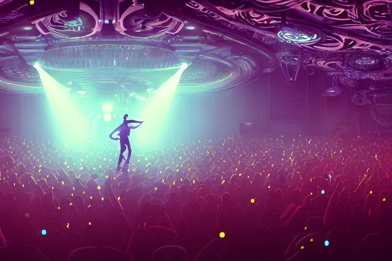 Image similar to beautiful digital art of a dj on stage spinning records with headphones looking over crowd dancing at a club by moebius and hans rudi giger, silhouette, volumetric lighting, haze, moving heads light beams, spot lights, disco ball, trending on artstation, 4k, unreal engine, intricate, ornate