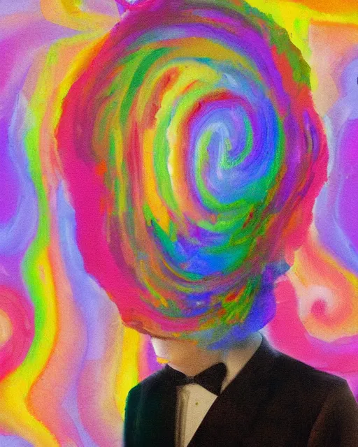 Prompt: realistic impressionist painting of a man with swirls of color emanating from his head in the style of lucein freud