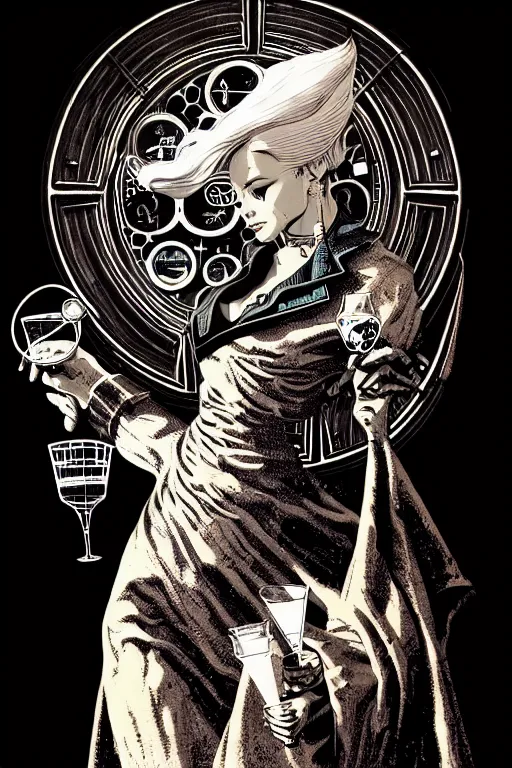 Image similar to side view of a majestic steampunk alchemist wise wizard holding a martini, high details, bold line art, by vincent di fate and joe fenton, inking, etching, screen print, masterpiece, trending on artstation, sharp, high contrast, hyper - detailed,, hd, 4 k, 8 k