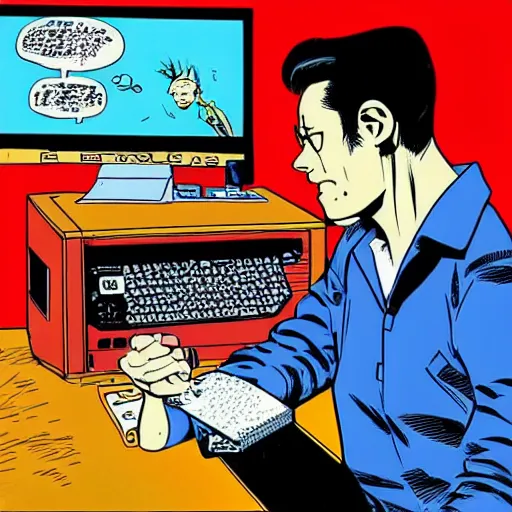 Image similar to a computer nerd guy sitting in front of a computer screen in a dark room, in the style of archie comics (1963), artstation, HQ scan, by geof darrow and moebius, geof darrow art, moebius art, hacker vibe, matrix vibe,